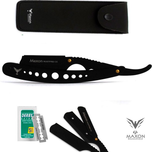MAXON Deutschland Black Razor + DERBY barberblad + etui for barberhvel