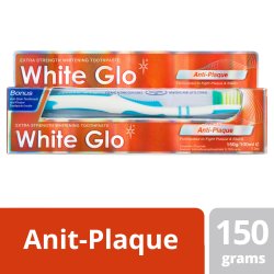 Tannblekingstannkrem WHITE GLO Anti-plakk 150g + tannbrste