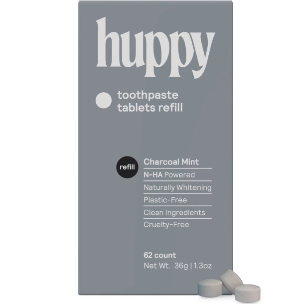 Naturlig Xylitol tandkrm Tabletter HUPPY Hydroxyapatite Charcoal Refill 62 st.