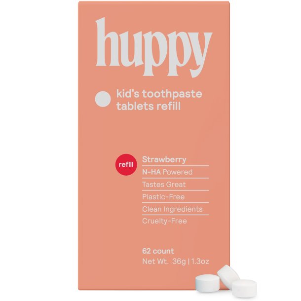Naturlig Hydroxyapatit Tandpasta Tabletter HUPPY Xylitol Watermelon &amp; Strawberry Refill 62 stk.