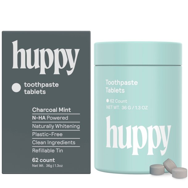 Naturlig Hydroxyapatit tandkrm Tabletter HUPPY Xylitol Charcoal Burk 62 st.