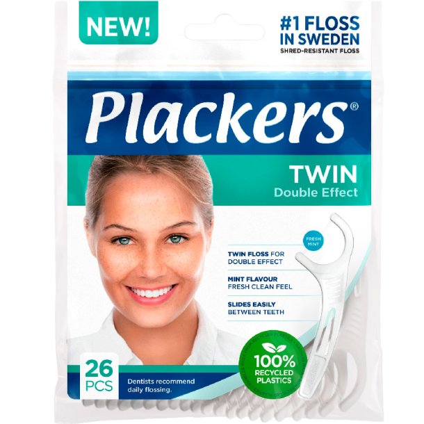 PLACKERS Twin Double Effect Flosser Tandtrds-bjler Dobbel-trd 26 stk.