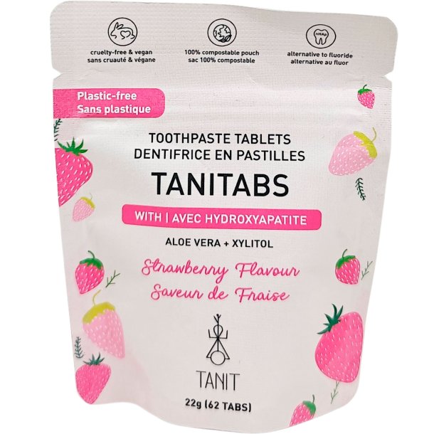 Naturlige Tandpastatabletter med Hydroxyapatit &amp; Xylitol TANITABS Strawberry 62 stk.