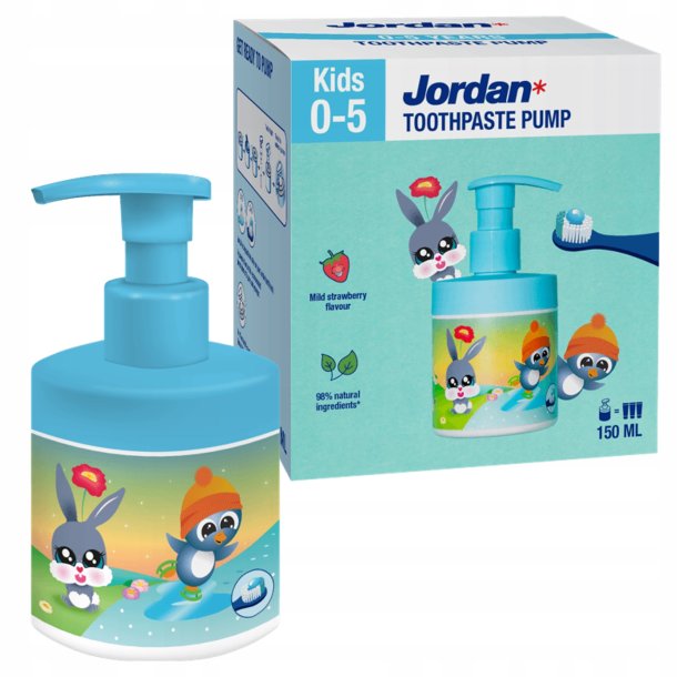JORDAN Kids Barn tandkr�m med pumpflaska f�r 0-5 �r Strawberry 150 ml.