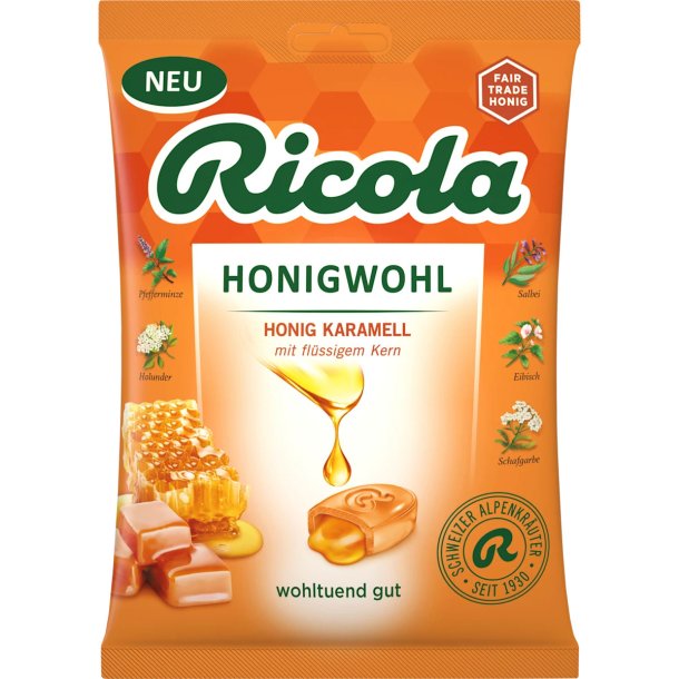 RICOLA Honey Well Honung &amp; Karamell Pastiller med Flytande Honungskärna (68g)