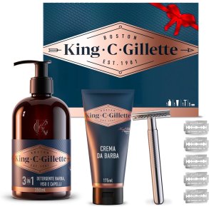 KING C. Gillette Geschenkbox mit Rasierer, 5 Rasierklingen, Gel und Bartreiniger