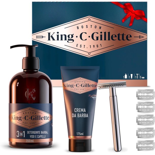 KING C. Gillette Geschenkbox mit Rasierer, 5 Rasierklingen, Gel und Bartreiniger