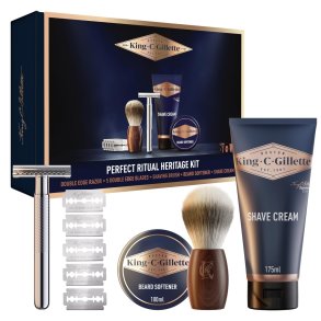 Kopi af KING C. Gillette Geschenkbox mit Rasierer, 5 Rasierklingen, Gel und Bartreiniger
