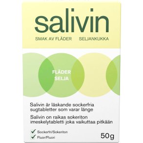 Salivin Fl&auml;der (Fl&auml;derblom) Sugtabletter 50 g � Sockerfria sugtabletter mot muntorrhet med mild smak av fl&auml;derblom