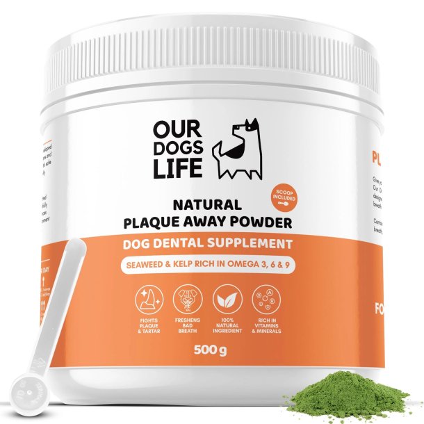 Our Dogs Life Natural Plaque Away Powder 500 g � Effektiv hj�lp mot plack, tandsten och d�lig andedr�kt hos hundar
