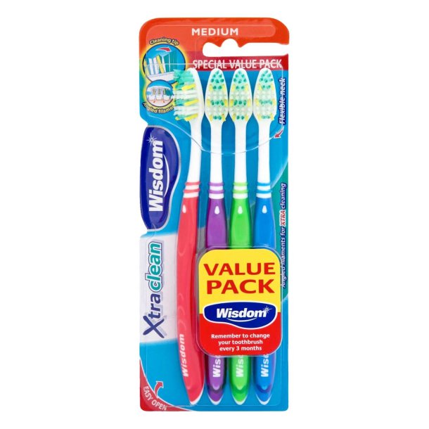Wisdom Xtra Clean Medium Tannb�rster � 4 stk. � Effektiv plakkfjerning med fleksibel hals