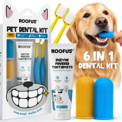 Roofus Pet Dental Kit 6-i-1 � Komplett tandv�rdsset f�r hundar och katter med enzymtandkr�m
