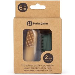Petite&Mars silikone-fingertandb�rster med etui til babyer fra 6 m�neder Green &amp; Mustard (2 stk.)