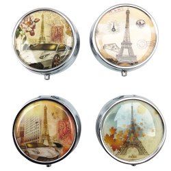 Pilleboks Rund Eiffeltrnmotivetui i metall med 3 rom