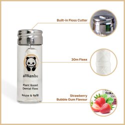 Bredygtig Tandtrd AllBambu Strawberry 30 mtr. + Glasdispenser