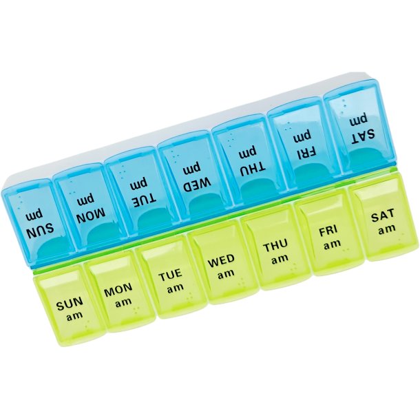 Pillbox 7 eller 14 dagar Pillbox 2 fack per dag 14 fack GUL / BL&Aring;
