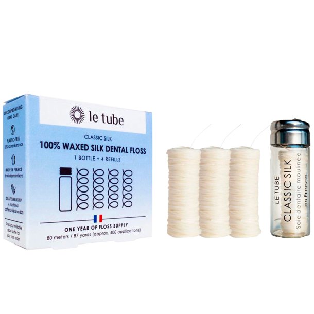 Tandtrd i ekologiskt silke LE TUBE Classic 4 x 20 m + glasdispenser