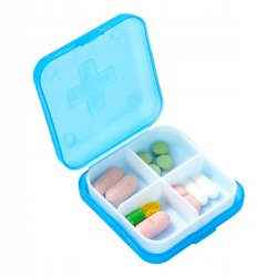 Liten och praktisk Bl� Pillerask - perfekt f�r v�skan, fickan och resan