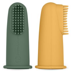Petite&Mars silikone-fingertandb�rster med etui til babyer fra 6 m�neder Green &amp; Mustard (2 stk.)