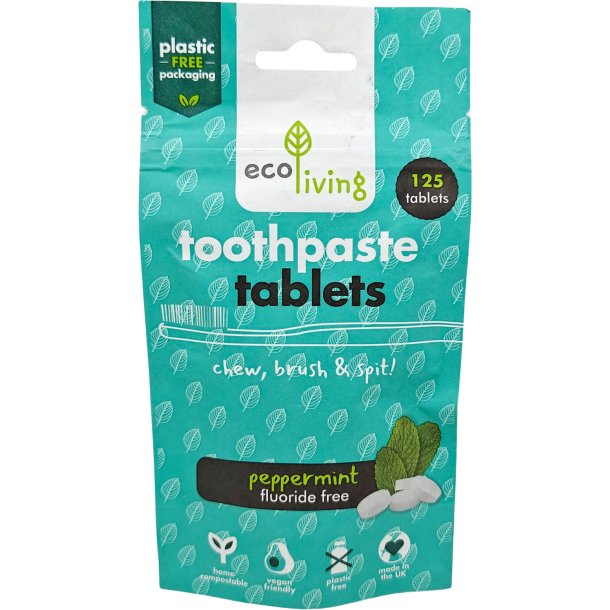 EcoLiving Tandpastatabletten Peppermint Fluoridevrij 125 stuks.