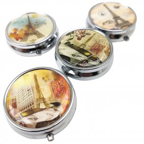 Pilleboks Rund Eiffeltrnmotivetui i metall med 3 rom
