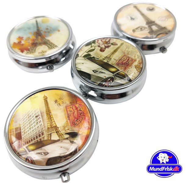 Pilleske Rund Metal Eiffel Trn Motiver Etui Med 3 Rum