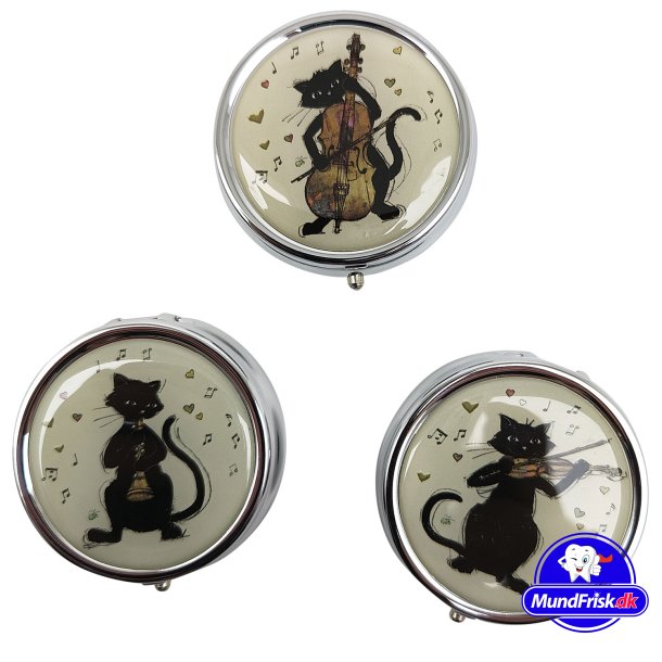 Pillendose mit Spieluhr, Katzen, rund, aus Metall 