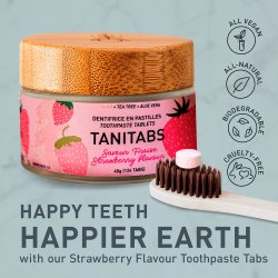 Natuurlijke Tandpastatabletten met Hydroxyapatit &amp; Xylitol TANITABS Strawberry Herbruikbare Pot 124 stuks