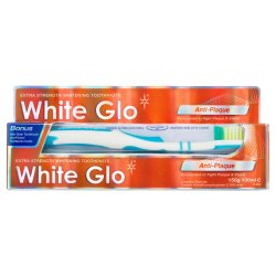 Tannblekingstannkrem WHITE GLO Anti-plakk 150g + tannbrste