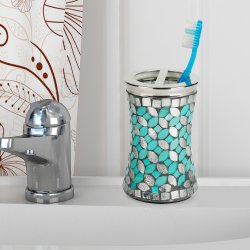 Tandbrsteholder Nu Steel Sea Foam Slv &amp; Aqua Glass Mosaic