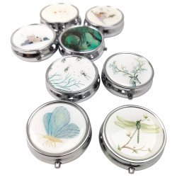 Pill Box Rund Metall Blommotiv Fodral Med 3 fack