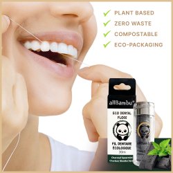 Bredygtig Tandtrd AllBambu Charcoal Spearmint 30 mtr. + Glasdispenser