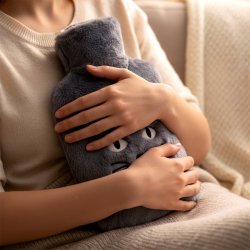 VILDE Varmedunk 1,8 L med bl�dt plysbetr�k � Kattemotiv