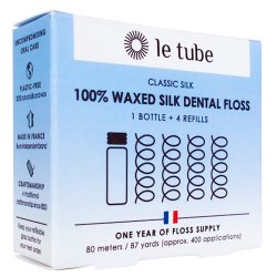 Tandtrd i ekologiskt silke LE TUBE Classic 4 x 20 m + glasdispenser