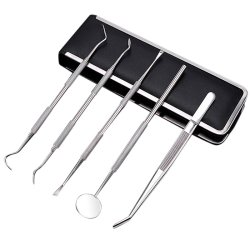 Tandplejest i rustfrit stl - 5 stk. Tandlge-redskaber med taske