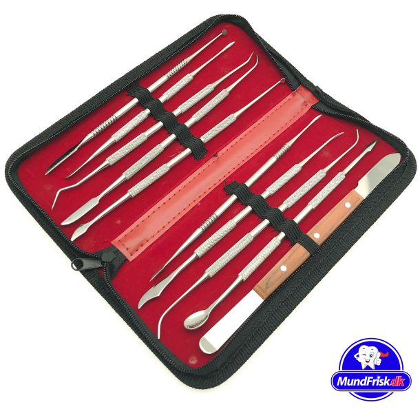 10 stk. Tandlge-instrumenter i ldermappe