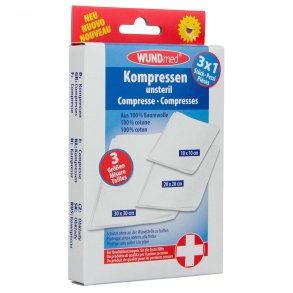 Wundmed Compress Ikke-steril 100% bomull 3 strrelser
