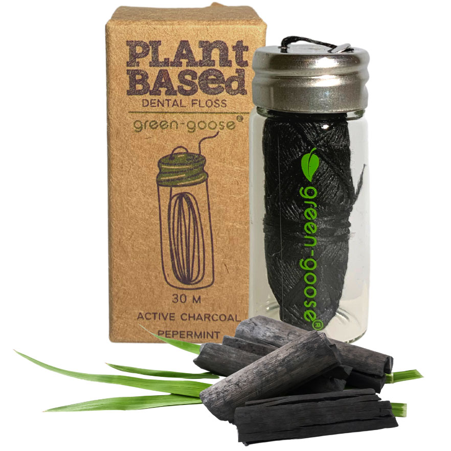 Zahnseide ohne PFAS Glasspender Green-Goose Charcoal & Mint