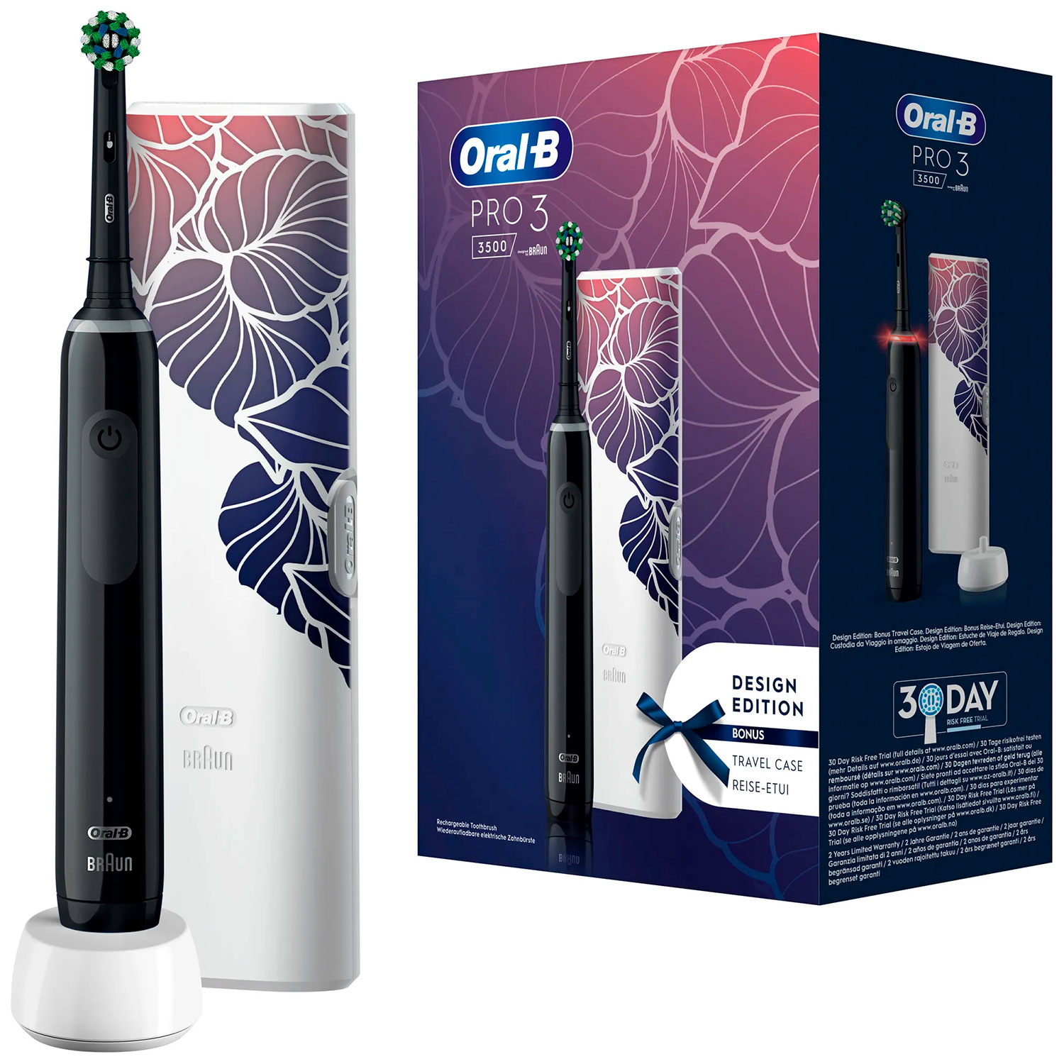 Oral-B Pro 3 3500 Elektrische Zahnbürste + Etui Floral Design Edition Black