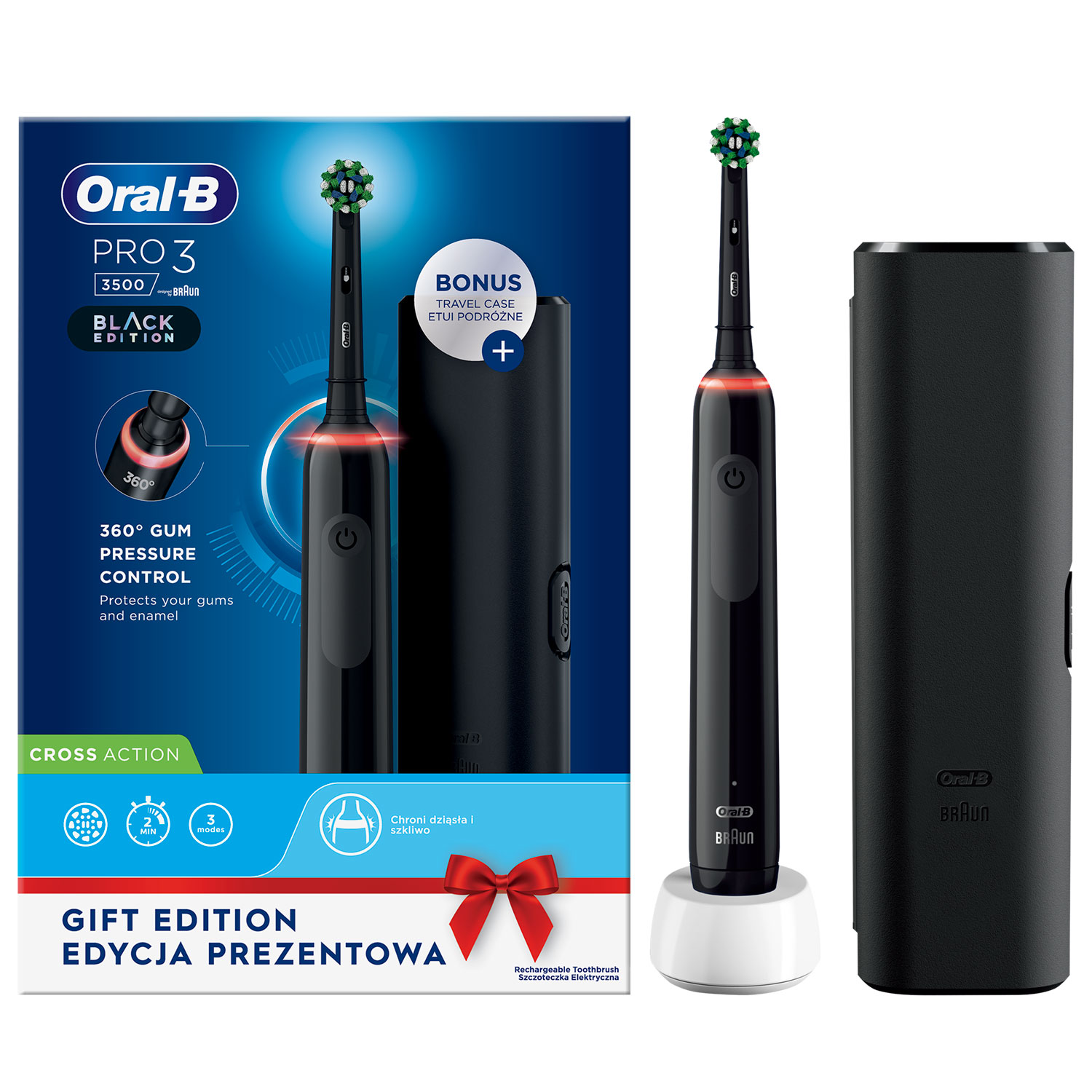 Oral-B Elektrische Zahnbürste + Etui BLACK Pro 3 3500 CrossAction