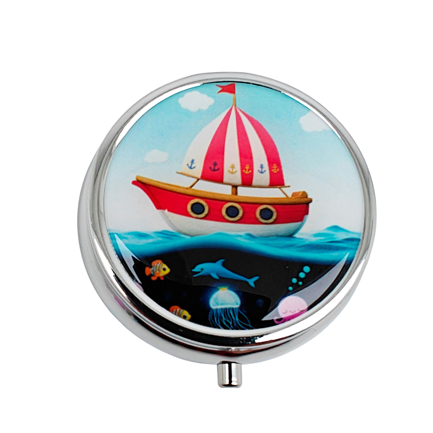 Pillendose mit maritimem Motiv, runde Pillendose aus Metall SEGELSCHIFF