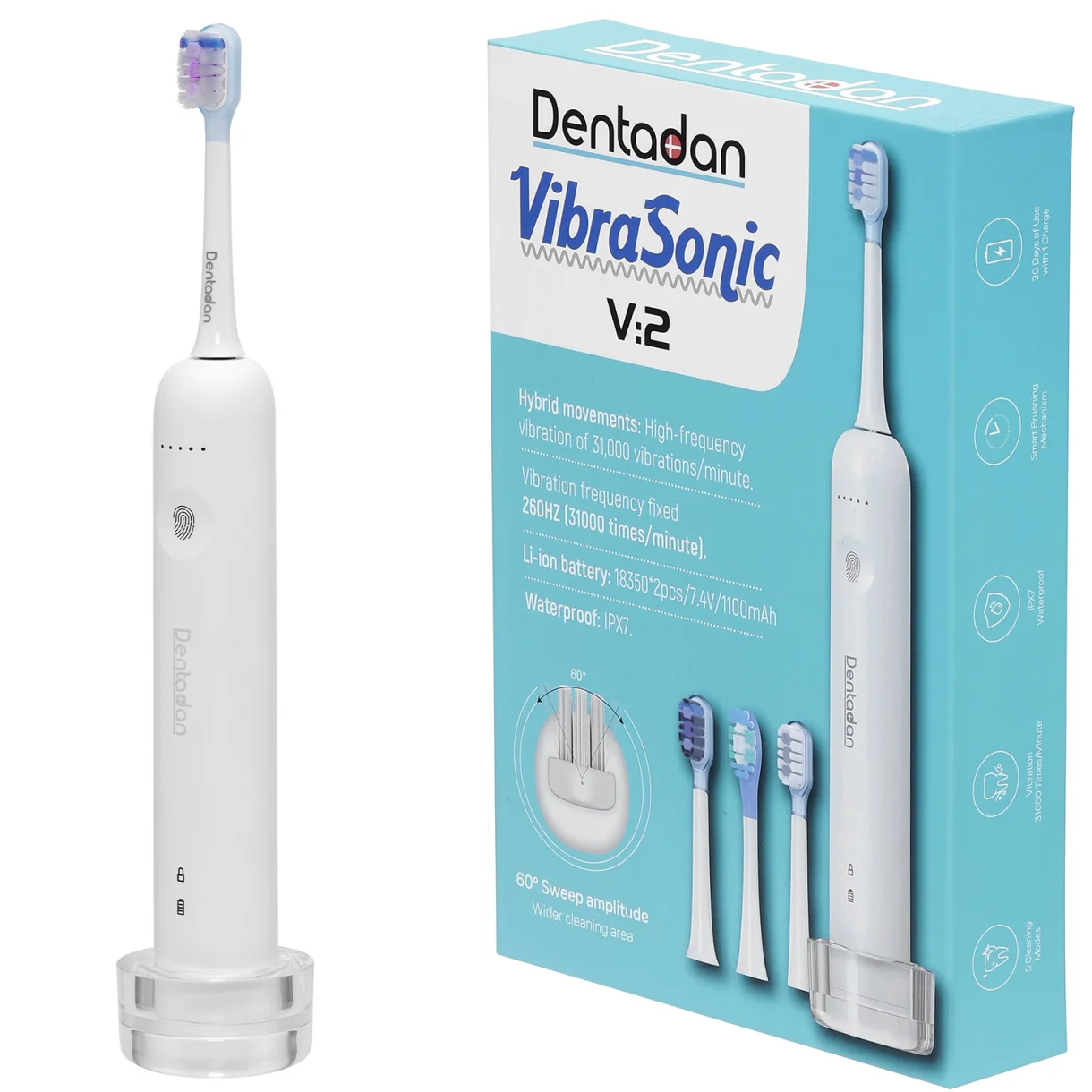 Dentadan VibraSonic V:2 Eltandbørste inkl. 3 Børstehoveder - Dentadan VibraSonic Eltandbørster